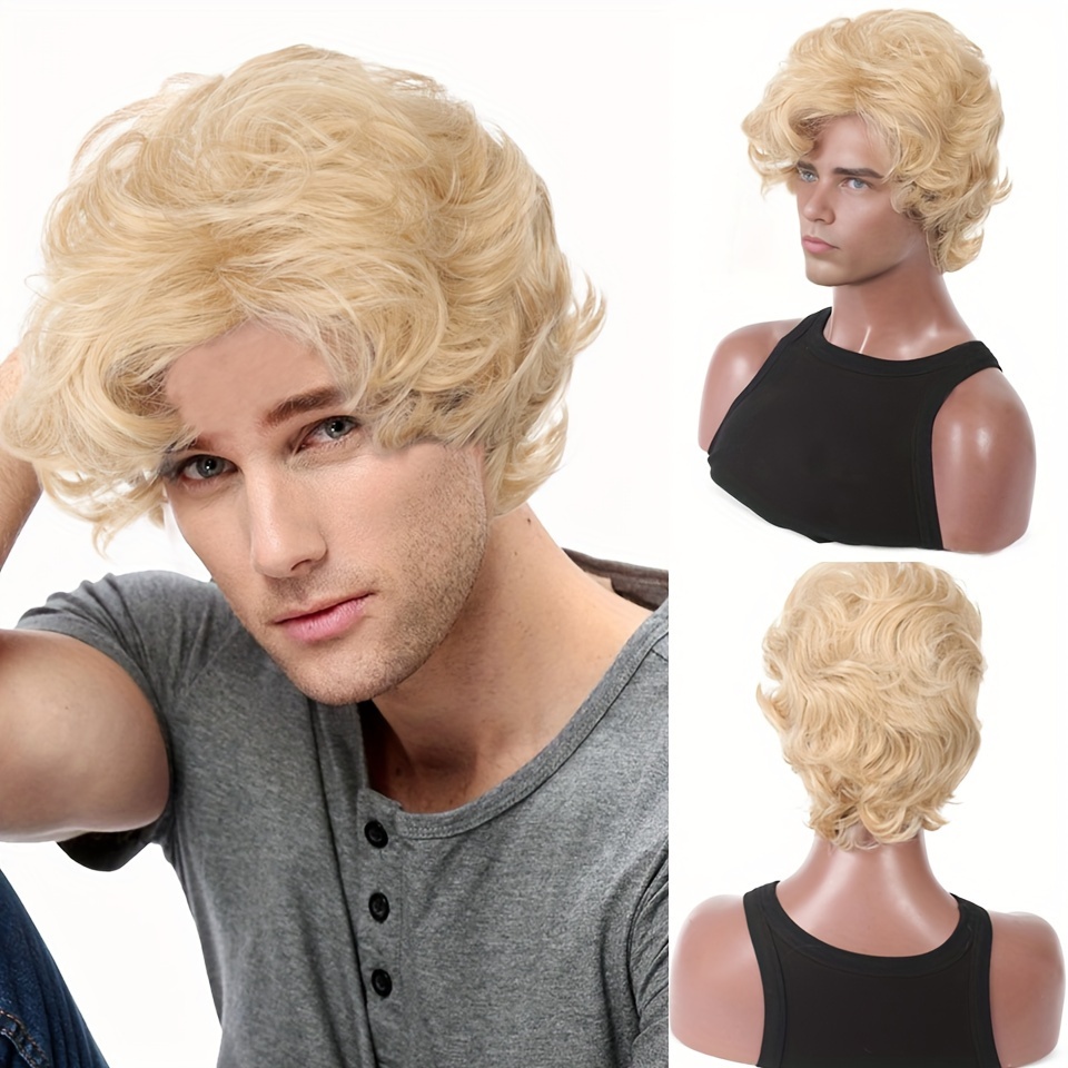 Synthetic Wigs - Peruca Loira Masculina Curta Ondulada Sintética