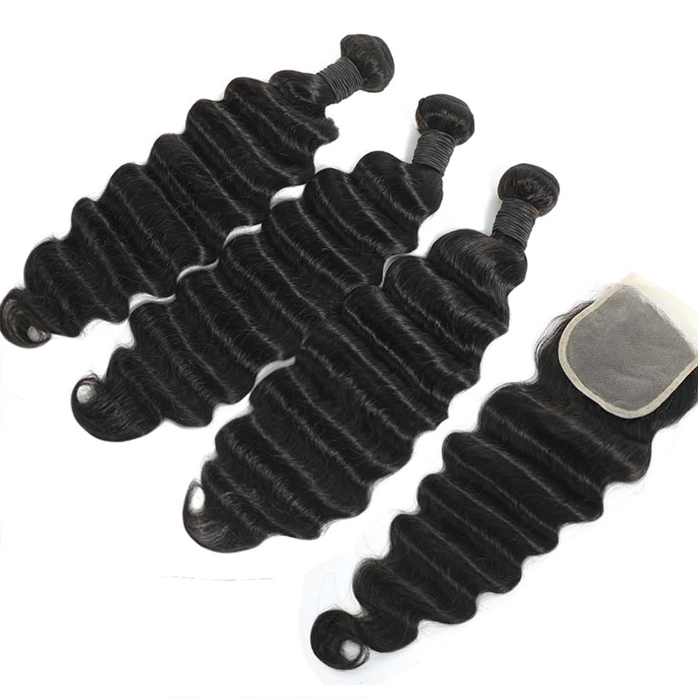 Deep Wave 3 Bundles With Closure - Cabelo Humano Cru Ondulado Solto com