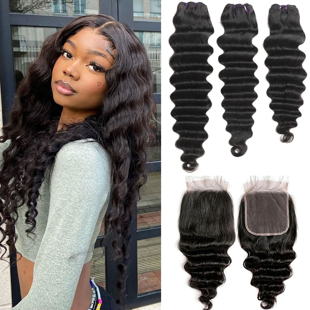 Cabelo Humano Ondulado Solto c - Deep Wave 3 Bundles With Closure avaliação e preço
