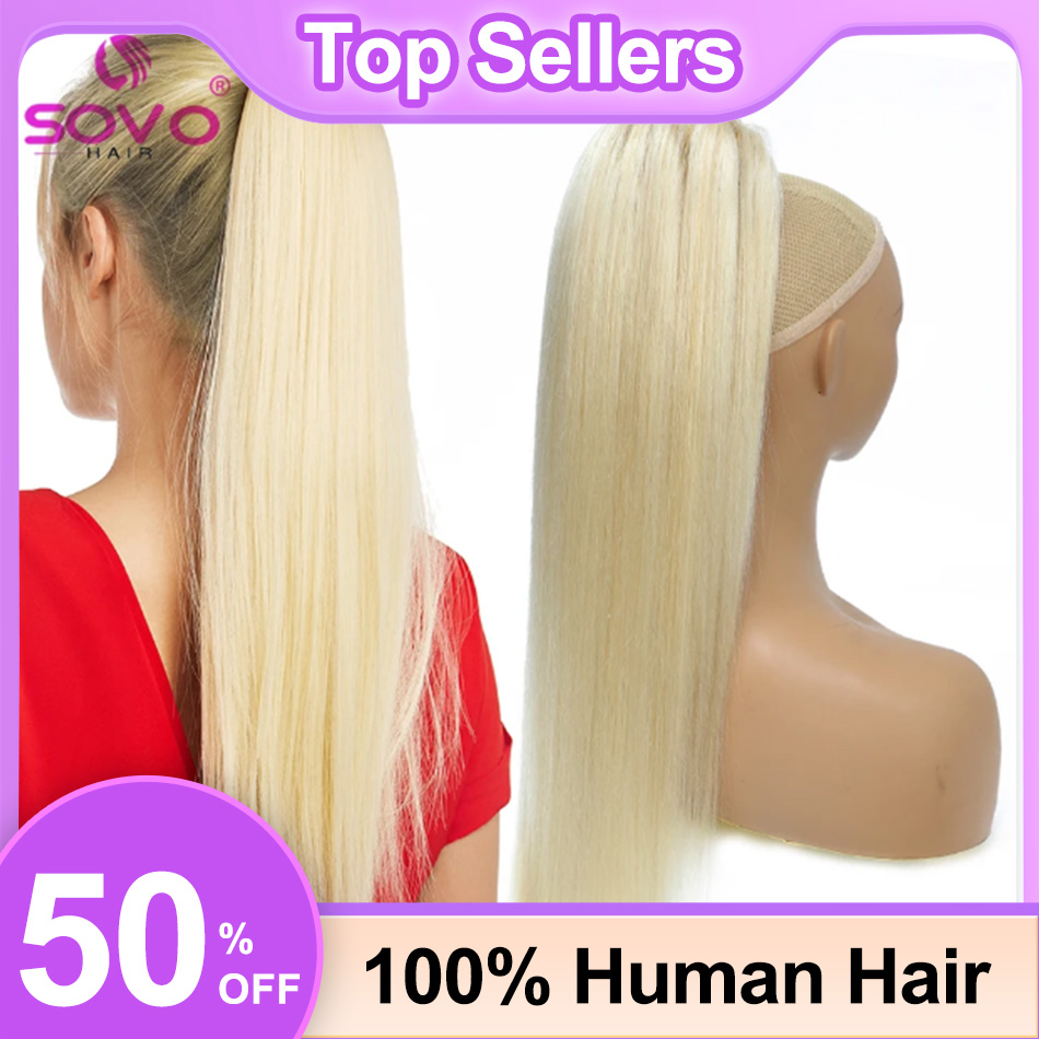 SOVO cordão rabo de cavalo cab - Seamless Clip In Hair Extensions Human Hair avaliação e preço