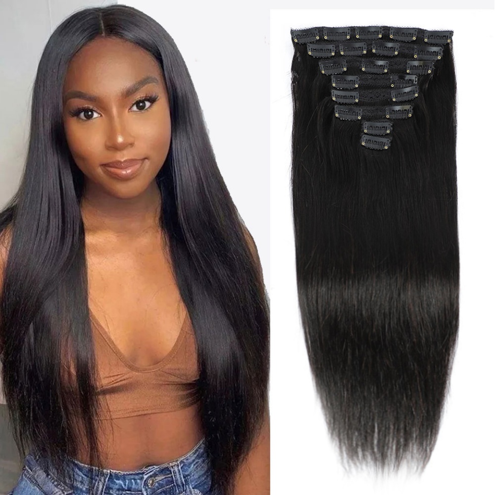 Grampo reto natural em extensõ - Seamless Clip In Hair Extensions Human Hair avaliação e preço