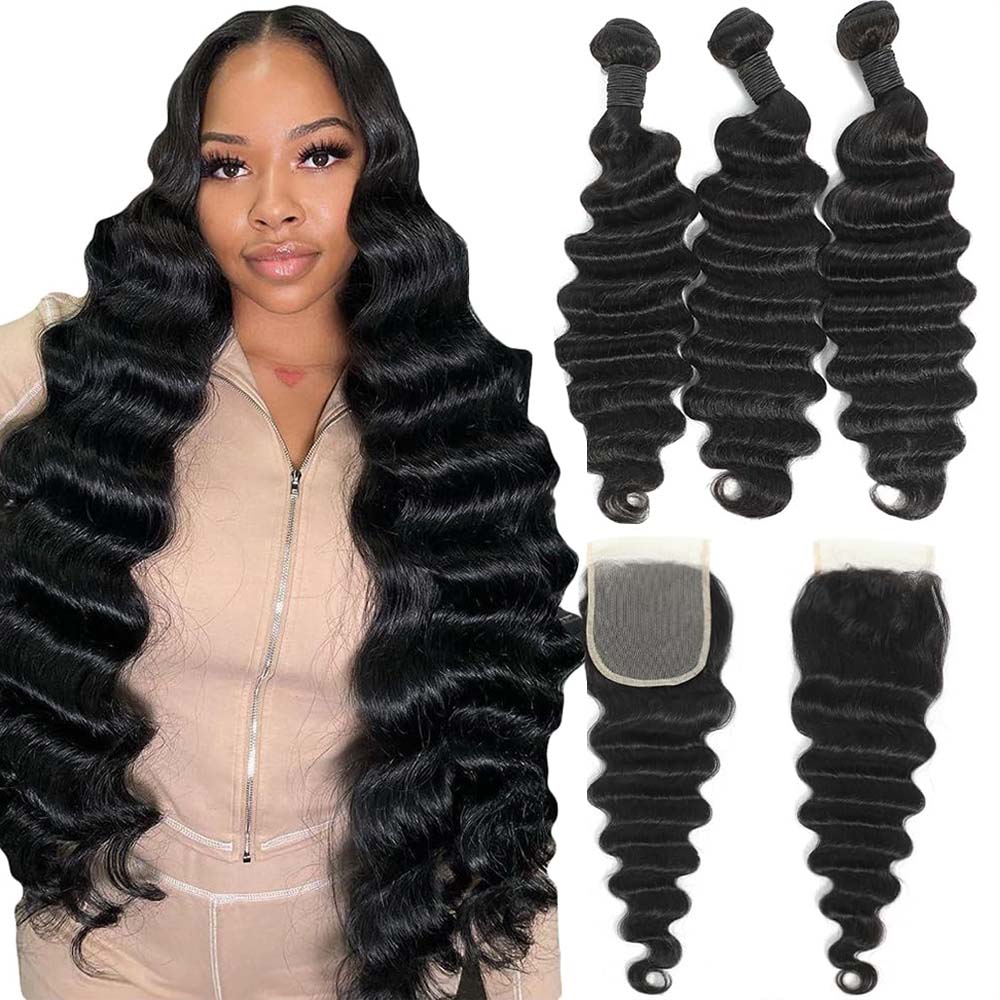 Cabelo Humano Cru Ondulado Sol - Deep Wave 3 Bundles With Closure avaliação e preço