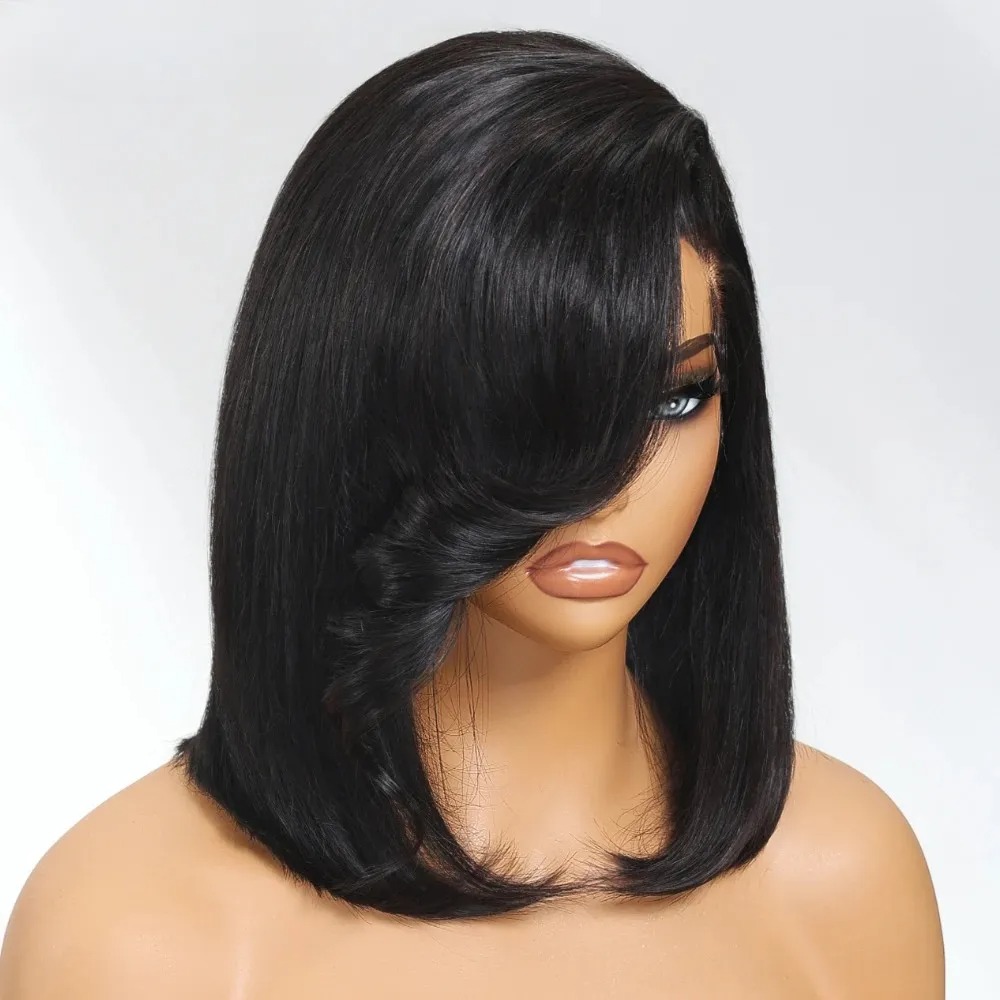 Peruca Curta Lisa Preta com Fr - Pre Parted 13X4 Lace Front Bob Wig avaliação e preço